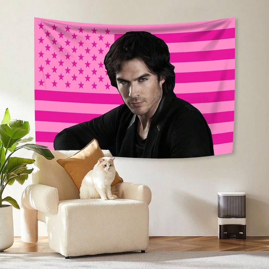 Ian Somerhalder Różowy Amerykański Przystojny Seksowny Mężczyzna Wampiry Damon Salvatorea Zabawny Mem Gobelin Flaga Wisząca Na Ścianie W Akademiku Pokój Facetów Jaskinia Człowieka Sztuka Baner Vintage Koc Gobeliny Estetyczny Wystrój Pokoju