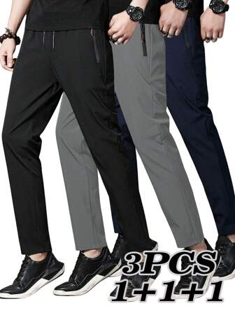 3 pièces Pantalon de sport décontracté unicolore pour homme en grande taille, survêtement ample pour grande taille