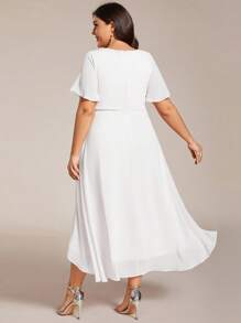 EVER-PRETTY Vestido formal elegante de talle alto hasta la rodilla con escote en V y bajo asimétrico con fruncidos para despedida de soltera, ducha nupcial, vestido de novia para boda