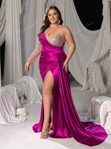Faeriesty Abito da sera da cerimonia elegante in raso con scollo asimmetrico impreziosito da perle e cristalli, adatto come abito da invitata di nozze