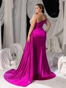 Faeriesty Abito da sera da cerimonia elegante in raso con scollo asimmetrico impreziosito da perle e cristalli, adatto come abito da invitata di nozze