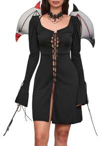 Women Halloween Devil Costume Tie Front Dress With Collar Necklace Set For Cosplay Role-Playing Party Outfits