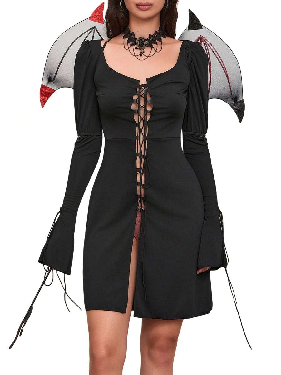 Women Halloween Devil Costume Tie Front Dress With Collar Necklace Set For Cosplay Role-Playing Party Outfits
