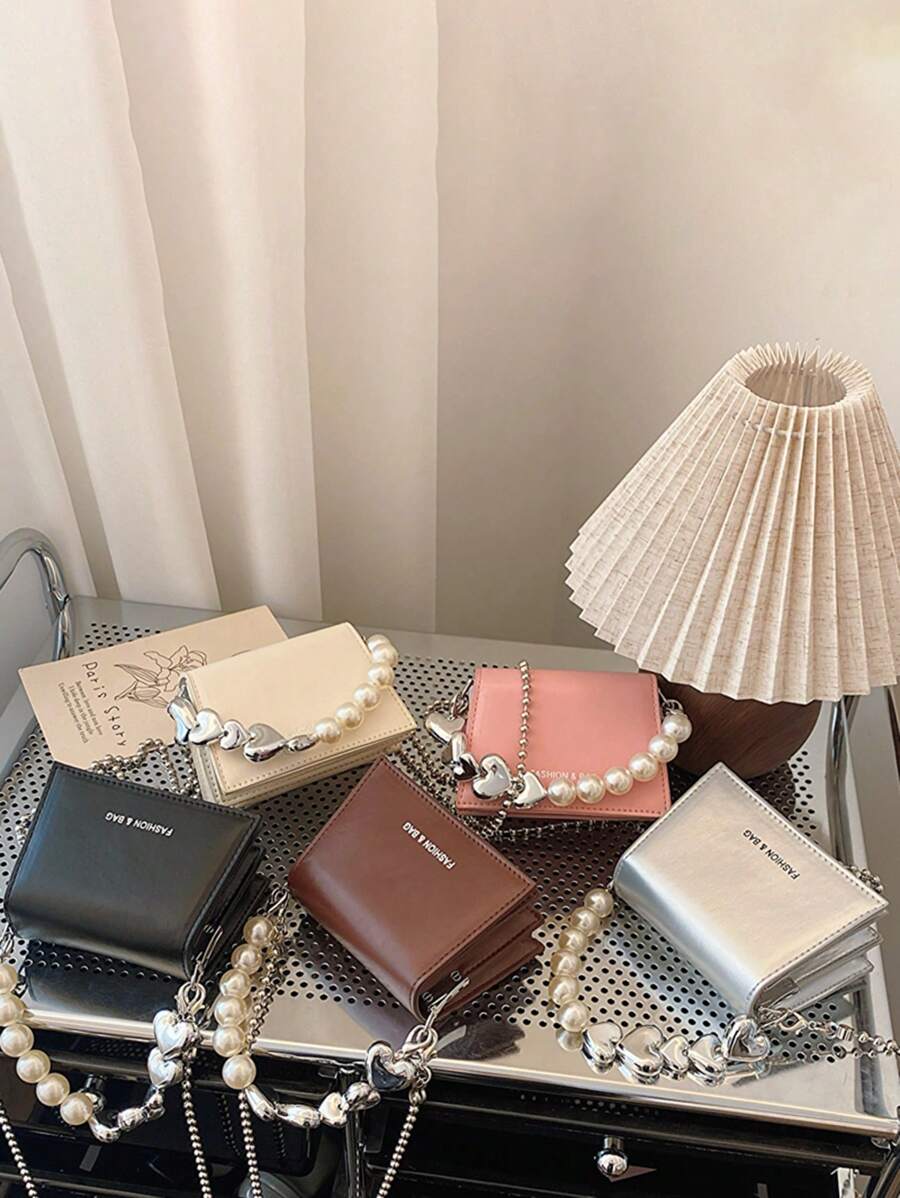 1pc 时尚高档链条迷你方包可爱甜美手提单肩斜挎包，珍珠爱心手提时尚链条肩带，适合女生日常使用，参加派对，甜美公主风可爱手提包，送朋友的必备礼物 - 愛心珍珠手提包 - 查看 1