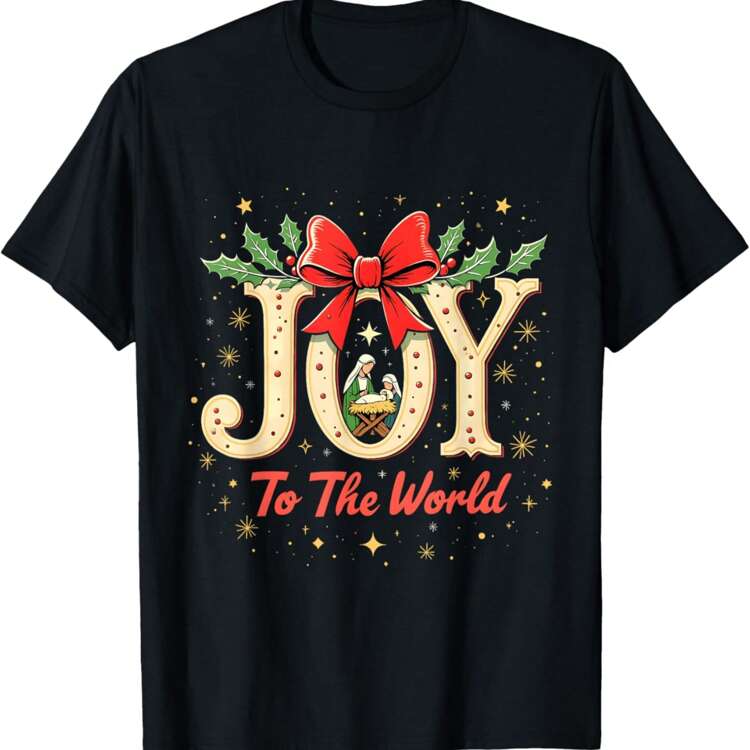 Joy To The World Nativity Jesus Christmas Religious Holiday T-Shirt - 黑色 - 查看 1