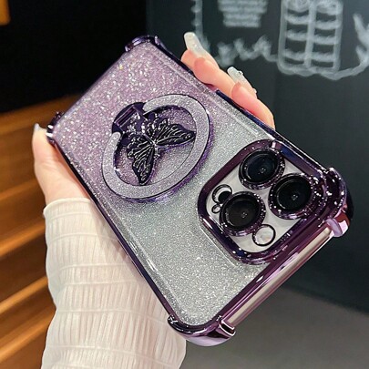 New Luxury Butterfly Glitter Stand Super Strong Magnetic Ring With Lens Protective Film Transparent Electroplated Mobile Phone Case Compatible With Apple Mobile Phones Compatible With IPhone 17 16 Galaxy A04E A05S A06 A07 A12 A13 A14 A15 A16 A17 A21S A22 A23 A24 A32 A33 A34 A35 A53 A54 A73 S10 S20 S21 S22 S23 S24S25 Ultra Note 20 Redmi Note 7/8/9/10/11/12/13/14, Redmi 9/10/12/13C/14C A5, OPPO, MOTO, Honor, HW, Realme C53 C55