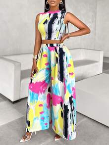 Amarilo 女士无袖印花上衣与宽松长裤两件套（花卉图案随机） - 彩色 - 查看 3