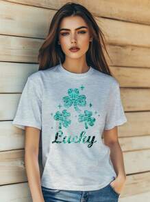 Women's  St. Patrick'S Day Clover Lucky Letter Star Sequin Print T-Shirt Fashion Short Sleeve Round-Neck Slm Fit Tops Summer Casual Streetwear
