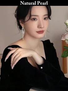 1 对时尚长珍珠吊式耳环，天然珍珠，白色，适合女性日常佩戴、节日礼物、情人节礼盒 - 米色 - 查看 9