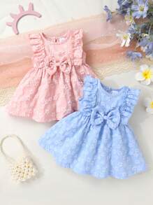 2pcs Set, Casual, Elegant, Sweet, Cute, Toddler Girls' Dress, Baby Girl Clothes, Soft & Comfortable, Floral Jacquard Bow Decor Ruffle Trim Solid Color Sleeveless Princess Dress Outfit, Suitable For Daily Wear, Vacation, Party, Photography