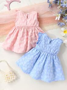 2pcs Set, Casual, Elegant, Sweet, Cute, Toddler Girls' Dress, Baby Girl Clothes, Soft & Comfortable, Floral Jacquard Bow Decor Ruffle Trim Solid Color Sleeveless Princess Dress Outfit, Suitable For Daily Wear, Vacation, Party, Photography