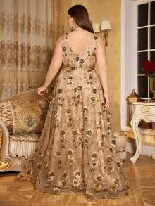 SUPGIR Maxikleid in Große Größen mit V-Ausschnitt, Tailleneinsatz mit Strass-Stickerei, Raffung, schlankmachend, geeignet für Bankette und formelle Anlässe