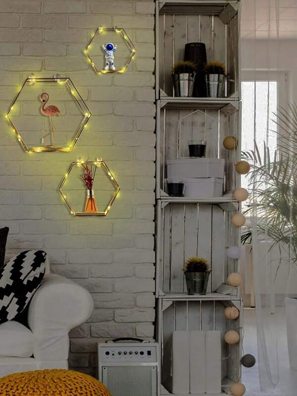 1pc Hexagon Floating Shelves Wall Decor, Gold Metal Wire & Wooden Hanging Storage Rack For Home Decoration, Suitable For Bedroom, Living Room, Kitchen, Bathroom [Comes With Hooks]