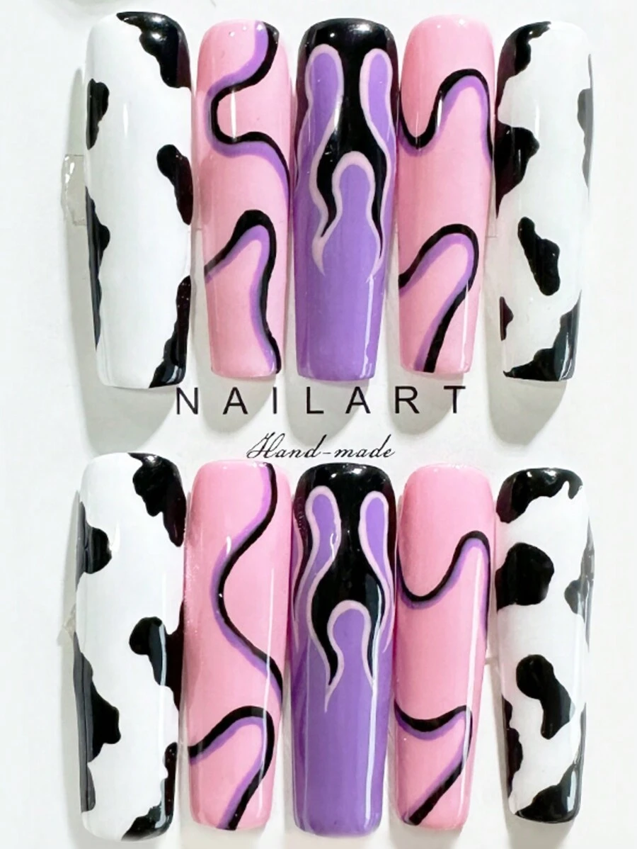 1 Pair (10Pcs) 45Mm / 1.77 Inch Square Colorful Stripe Y2K Handmade Press On Nails, Handmade Wearable Acrylic Finger Nails, Reusable Artificial Painting Fake Nails Women And Girls Nail Supplies Nails