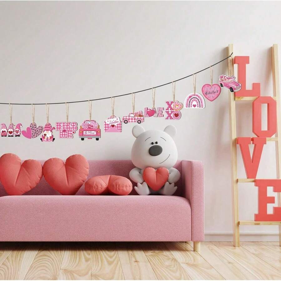 24Pcs Pink Valentine's Day Wooden Ornaments, Wood Heart Shaped Hanging Ornaments, Truck Gnome Bear Cupid Wood Slices Tags With Rope Party Decorations Supplies Home Decor For Wedding Anniversary Crafts
