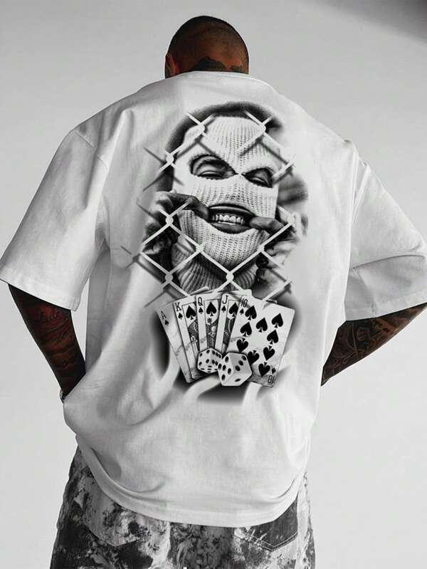 2025 New Summer White Poker Print Casual T-Shirt For Men, Streetwear