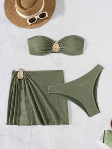 Set de 3 piezas de nuevo bikini de moda y sexy de unicolor marrón para mujer en traje de baño, conjunto de sujetador de halter y Bottom de bikini para playa en verano