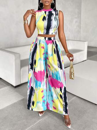 Amarilo Damen ärmelloses bedrucktes Top und weite Hose 2-teiliges Set (Blumenmuster zufällig)