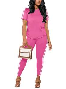 女士休闲运动套装慢跑套装长袖纯色T恤紧身裤运动上衣下装侧条纹装饰