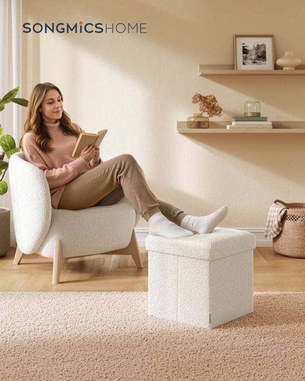 SONGMICS Small Folding Storage Ottoman, Foot Rest Stool, 15 X 15 X 15 Inches, Ottoman With Storage, Load Up To 660 Lb, For Living Room, Bedroom, Dorm