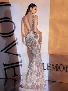 LOVE&LEMONADE Gold V-Neck Spaghetti Strap Sequin Backless Floor-Length Formal Gown Dress (Front Upper Body, Random Floral Print On The Back), Party Dress, Wedding Guest Dress, Evening Dress