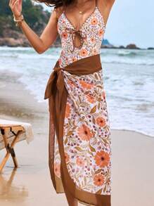 2pcs/Set Women Floral Print One-Piece Swimsuit With Coverup And Skirt