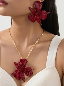 1 Set de joyas de pendientes y collar con flores rojas, joyería de moda como regalo para mujeres para viajes, fiestas, vacaciones