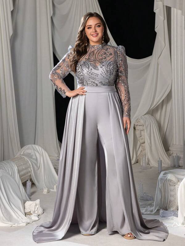 Faeriesty Curve Plus Elegant Plus-Size High-Neck Sheer Long Sleeve Gown With Side Sash Detail - All-Season Formal Wear For Weddings, Galas, Red Carpet Events & Dinner Parties