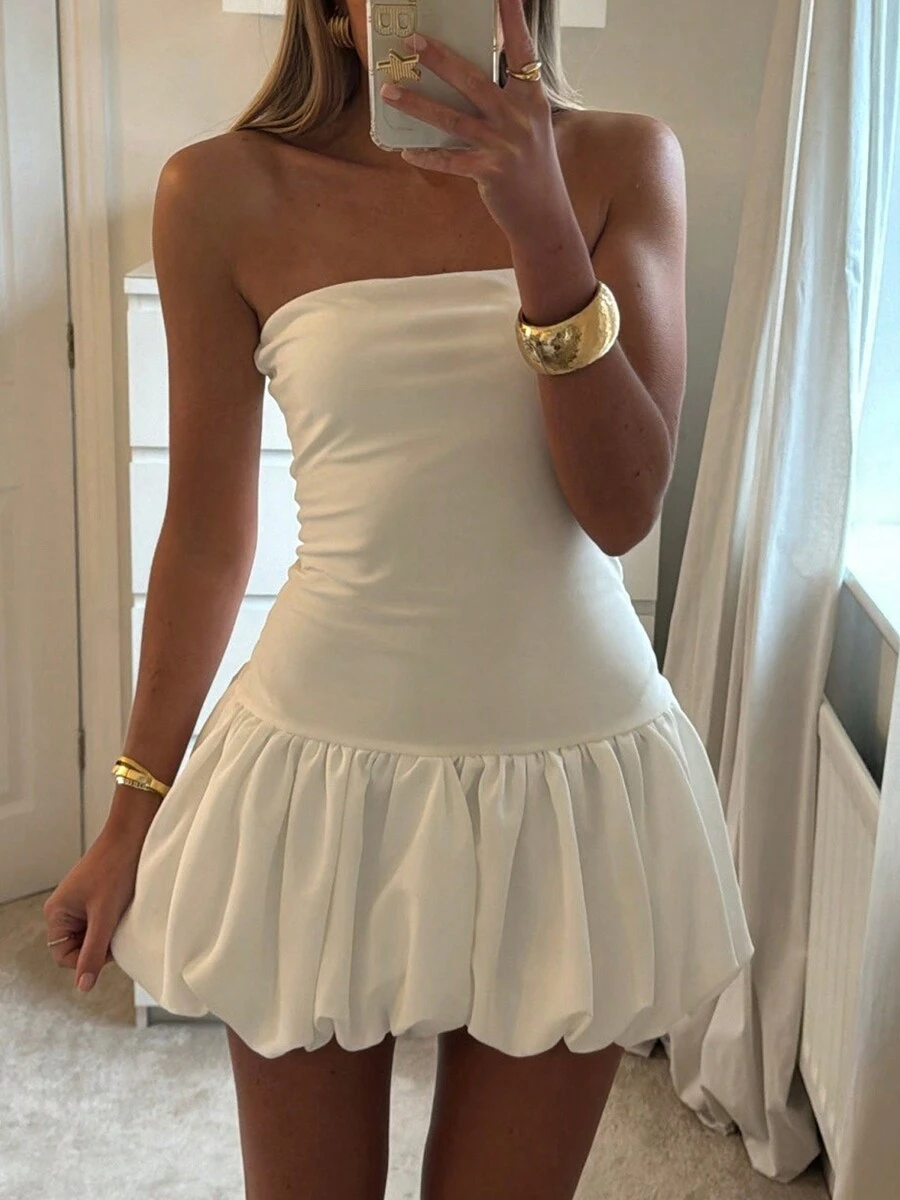 Girls Women Summer Strapless Mini Dress Solid Color Puff Bubble Party Dress For Cocktail Beach Streetwear - trắng - Xem 1