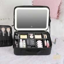 1 neceser de viaje con espejo iluminado por LED, organizador de brochas de maquillaje, estuche de maquillaje con espejo, neceser de maquillaje portátil, organizador de cosméticos de viaje, neceser de cosméticos, estuche de cosméticos con compartimentos ajustables, organizador de cosméticos impermeable, herramienta de almacenamiento, con espejo, con compartimentos, con organizador de brochas de maquillaje, con asa de transporte, diseño de rombos, alta calidad, adecuado para el hogar, la empresa, la escuela, de viaje (rombo negro, rombo rosa)
