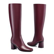 Botas altas hasta la rodilla para mujer, botas altas con punta cuadrada y tacón grueso, botas largas de moda con pantorrilla ancha y cremallera lateral