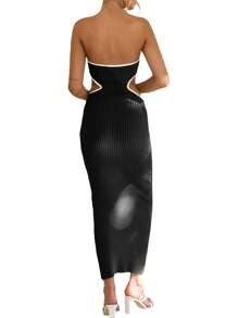 Women's Bodycon Tube Dress, Strapless Side Cutout Contrast Color Ribbed Long Dress - Black - View 3