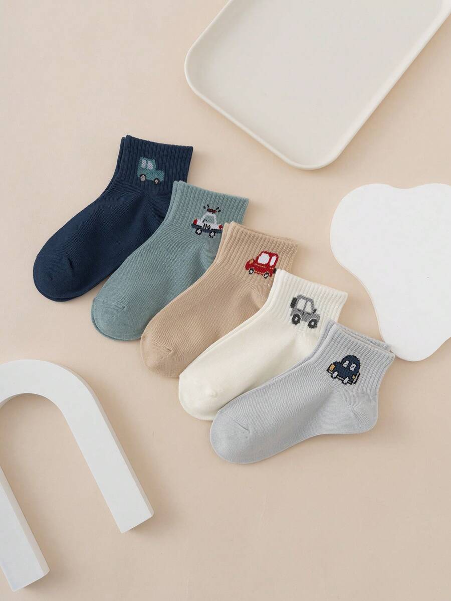 5 Pairs Interesting Cartoon Cars Pattern Colorful Jacquard Knit Mid-Calf Kids Socks, European Size, Comfortable, Breathable , Suitable For All Seasons, High-Quality Material, Non-Sweaty
