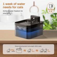 Fontaine pour chat sans fil, fontaine d'eau de 2,2 L pour chats, sans fil avec capteur de mouvement, fontaine à boire pour chats, pompe à eau silencieuse avec LED, fonctionnant sur batterie 2600 mAh, filtration de haute qualité