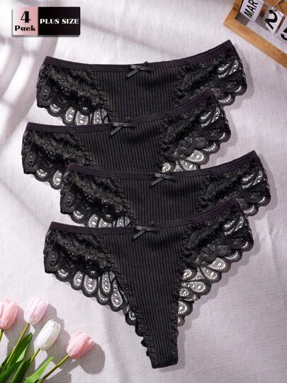 4 Packungen Damen Große Größen Federn Muster Spitze Einsatz Höschen Reizvolle sexy Damen Strings in Schwarz für Raves
