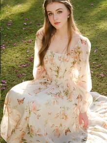 Women's Flower & Butterfly Print Casual Dress, Minimalist & Fashionable Everyday Wear