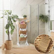 3-Tier Floor Stand With Water Hyacinth Storage Baskets, White/Natural - Standing Organizer Rack For Bathroom, Kitchen, Laundry, Living Room