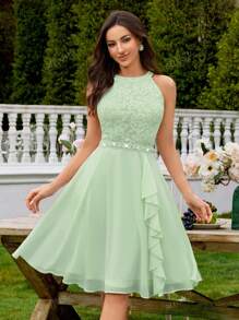 MIUSOL Floral Lace Halter Neck Ruffle Trim Chiffon Prom Party Swing Dress Elegant Semi Formal Wedding Guest Dress, For Birthday, Graduation, Homecoming