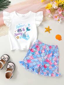 Set de 2 piezas con camiseta de niña pequeña suave y cómoda con volantes, estampado de concha de sirena y efecto ombré, y pantalones cortos deportivos con estampado de escamas en degradado