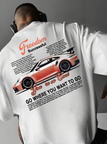 Men's White Short Sleeve T-Shirt, Racing Graphic & "Free Spirit, Unobstructed" Slogan, Streetwear Style