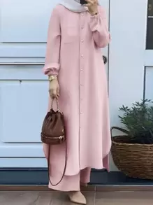 Women's Elegant Casual Solid Color Button Design Long Jacket With Lantern Sleeve And Long Wide Leg Pants Set, Fashionable Casual Elegant Cute Arabic Style Maxi Dress Two Pieces Set, Suitable For Spring, Summer, Autumn And Winter