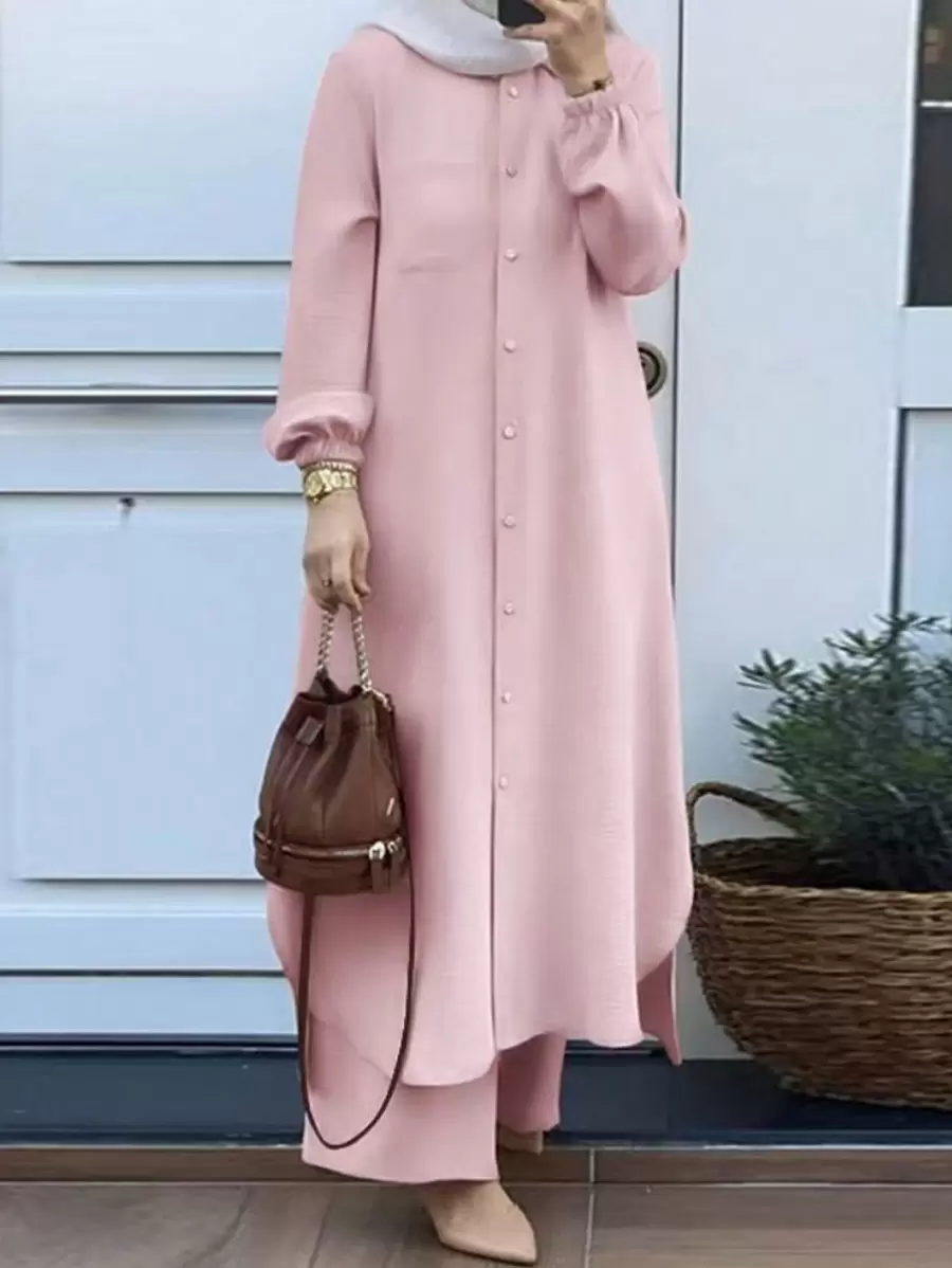 女款秋季優雅純色兩件套，鈕扣燈籠袖側開衩長外套與寬腿褲，可愛休閒四季穿搭