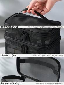 Duża pojemność kosmetyczki z siatki, dwuwarstwowa kosmetyczka podróżna, przenośne pudełko do przechowywania narzędzi, podróże latem, dekoracje łazienkowe na wakacje, organizer do makijażu, akcesoria łazienkowe, powrót do szkoły - Czarne - Zobacz 5