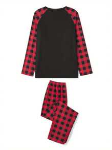 Baby Christmas Parent-Child Outfit, Romper/Letter Print Raglan Long Sleeve Tops And Plaid Pants Sleepwear