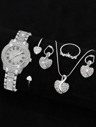 6 件银色女士手表套装时尚新潮经典罗马数字刻度表盘石英表手链戒指耳环项链套装适合日常服装搭配赠送她节日礼物