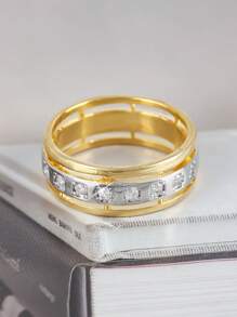 1pc Luxury Elegant Dual-Tone Design Wide Band Cubic Zirconia Ring, Gift For Men, Valentine's Day, Father's Day, Birthday, Party