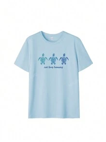 Ladies' New Spring And Summer Turtle Print Casual Round Neck Blue Short Sleeved T-Shirt With Fashionable Vacation Style Suitable For Daily Vacation Wear. Pink Top Black Top Graphic Tees Women