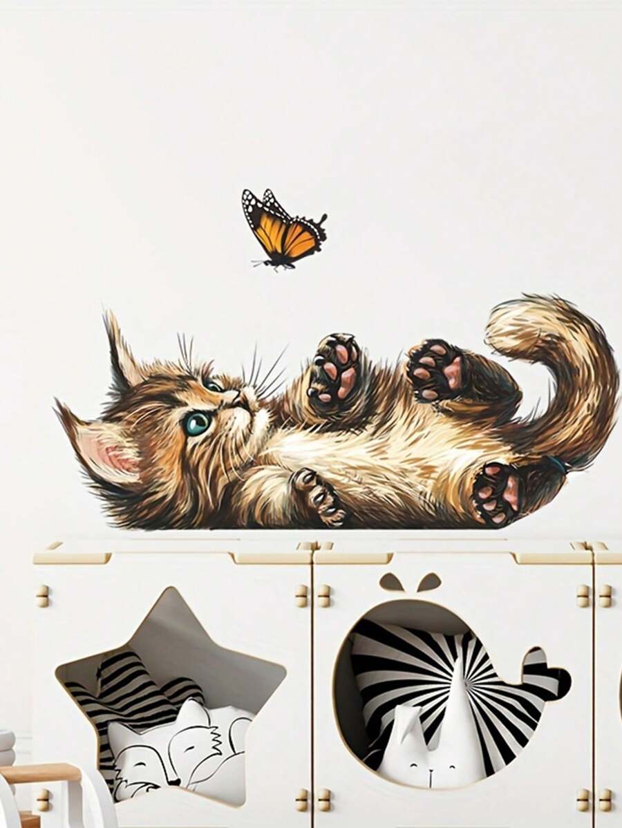 1pc Home Decorations Creative Wall Sticker, Cartoon Cat Butterfly Pattern Self-Adhesive Wall Stickers, Bedroom Entryway Living Room Porch Home Decoration Wall Stickers, Removable Stickers, Wall Decor Decals