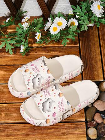 1 Pair Teens' Fashion Cartoon Star & Letter Print Cute Flip Flops, Waterproof Anti-Slip Breathable Soft Bottom, For Indoor/Outdoor, Summer, Beach Holiday Use