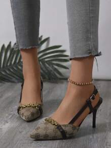 Women's Fashion Plaid Camellia Mules, Pointed Toe French Slip-On Sandals, Suitable For Wedding, Party, And Casual Occasions - Khaki - View 5